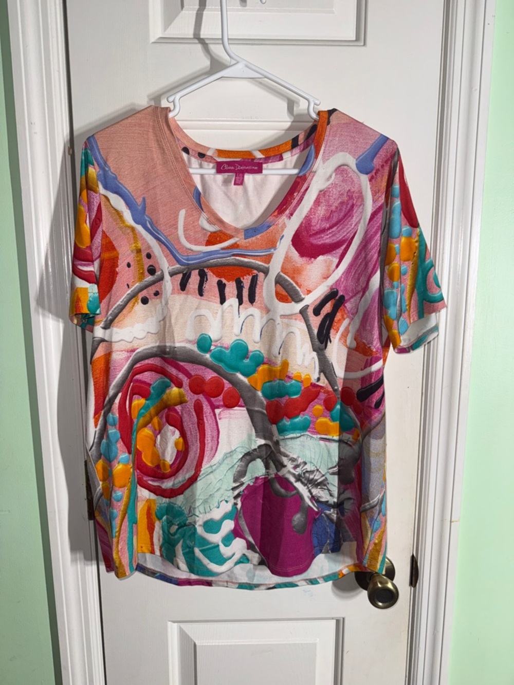 Claire Desjardins Abstract Print Bamboo Fiber V-Neck Relaxed Fit Top Size Large